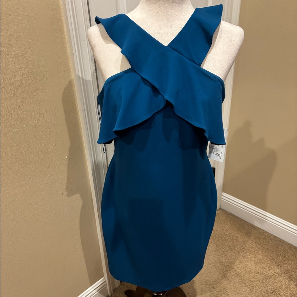 Aidan Mattox Teal Ruffled Cross-Front Mini Dress